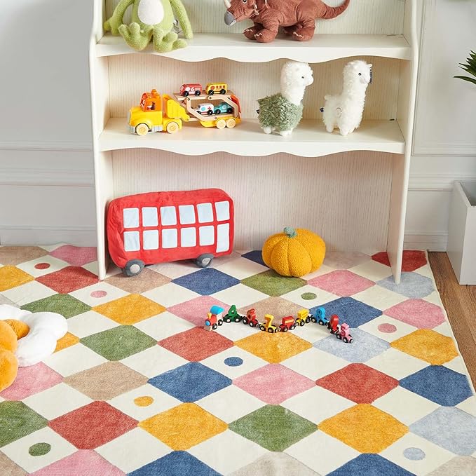 jinchan Area Rug 4x6 Kids Washable Indoor Floor Cover Non-Slip Modern Soft Rug Elementary School Classroom Colorful Diamond Carpet for Nursery Playroom Daycare Bedroom Living Room Circus on Cream