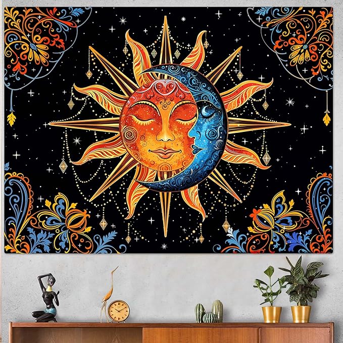 Lunerfex Sun and Moon Tapestry Mandala Wall Tapestry, Cute Tapestries for Bedroom Ceiling Tapestries Wall Hanging for Bedroom Living Room Decor Sun-1 44"x60"