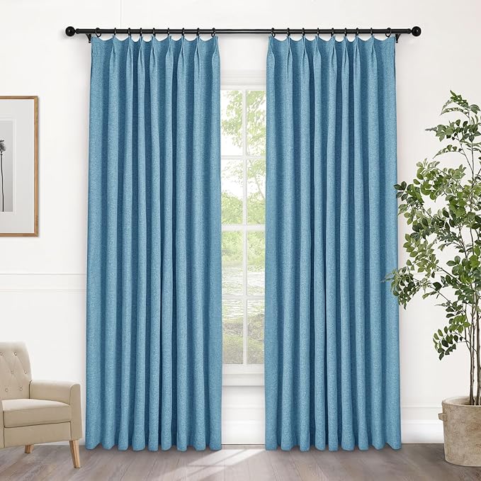 Macochico 100% Blackout Pinch Pleated Linen Curtains 84 Inch Length Thermal Blackout Curtains for Bedroom Living Room Nursery Blue Farmhouse Burlap Curtains with Tieback 52”Wx84”L 1 Panel