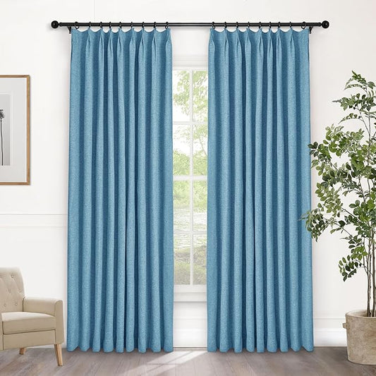 Macochico 100% Blackout Pinch Pleated Linen Curtains 84 Inch Length Thermal Blackout Curtains for Bedroom Living Room Nursery Blue Farmhouse Burlap Curtains with Tieback 52”Wx84”L 1 Panel