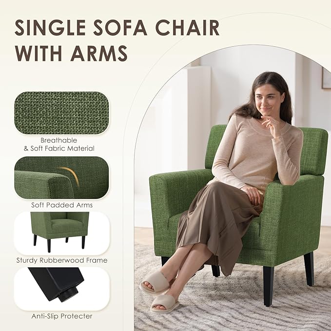 COLAMY Accent Chair Set of 2 for Living Room, Modern Upholstered Fabric Accent Armchair with Back, Soft Single Sofa Chair with Arms for Bedroom/Office/Reception Room, Green