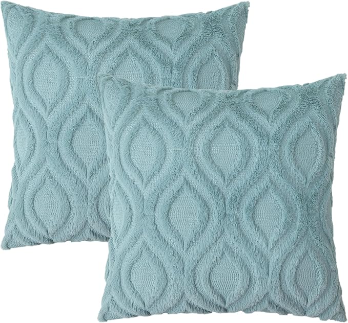 decorUhome Fall Throw Pillow Covers 22x22 Inch Set of 2, Soft Plush Decorative Faux Fur Aqua Solid Couch Pillow Covers, Accent Farmhouse Neutral Square Euro Pillow Cases for Sofa Bed Living Room