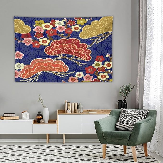 HZOHNAGO Japanese Tapestry Art Abstract Colorful Cherry Blossom Blue Background Pattern Printed Wall Tapestry Painting Wall Hanging for Bedroom Living Room Dorm 60" W x 40" H