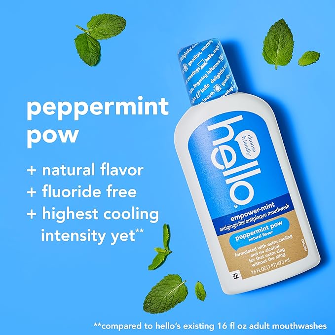 hello Empower-Mint Fluoride Free and Alcohol Free Mouthwash, Non Alcoholic Mint Mouthwash Pack, Peppermint Pow, 3 Pack, 16 Fl Oz Bottles