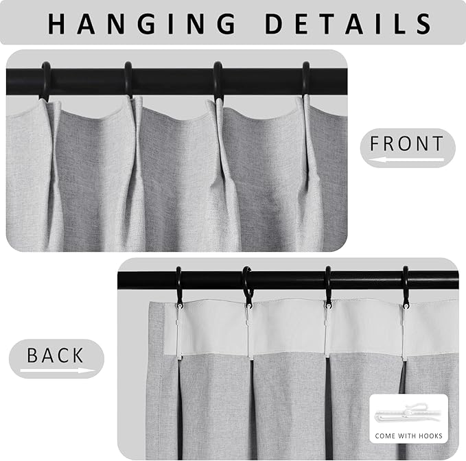 Macochico 100% Blackout Pinch Pleated Linen Curtains Thermal Window Treatments Sound Reducing Curtains for Bedroom Living Room Silver Grey Farmhouse Burlap Drapes with Tieback 52”Wx63”L 1 Panel