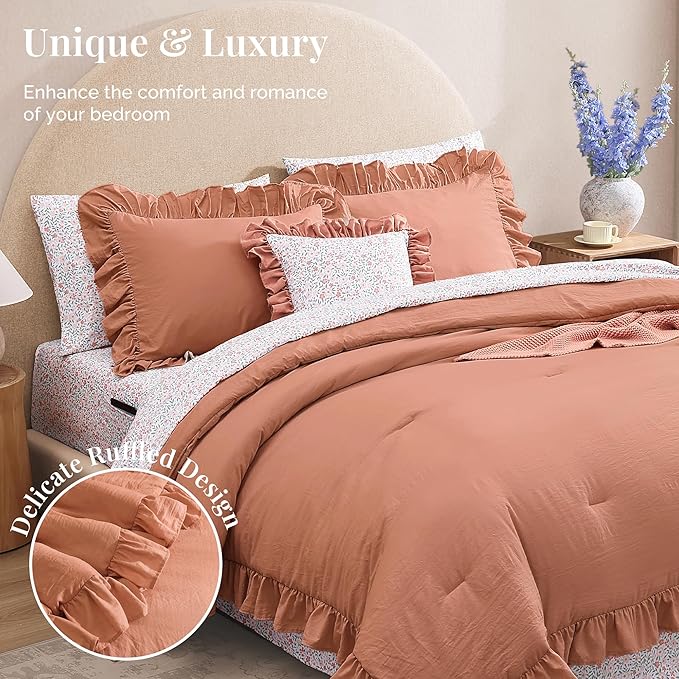 Queen Comforter Set - 7 Pieces Ruffle Autumn Leaf Bedding Sets, Shabby Chic Farmhouse Bed in a Bag Queen with Ruffle Comforter, Floral Sheets, Pillowcases & Shams
