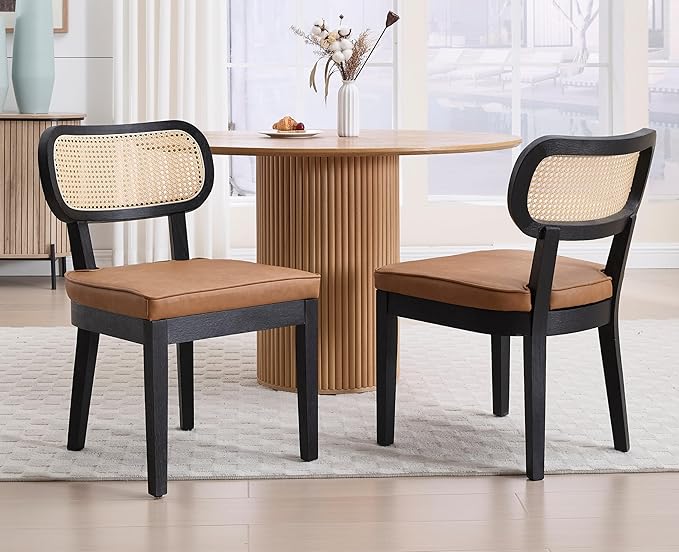 EALSON Mid Century Modern Rattan Dining Chairs Set of 2 Farmhouse Black Wood Kitchen Chairs with Cane Back Leather Upholstered Accent Armless Chairs for Dining/Living Room Restaurant, Brown