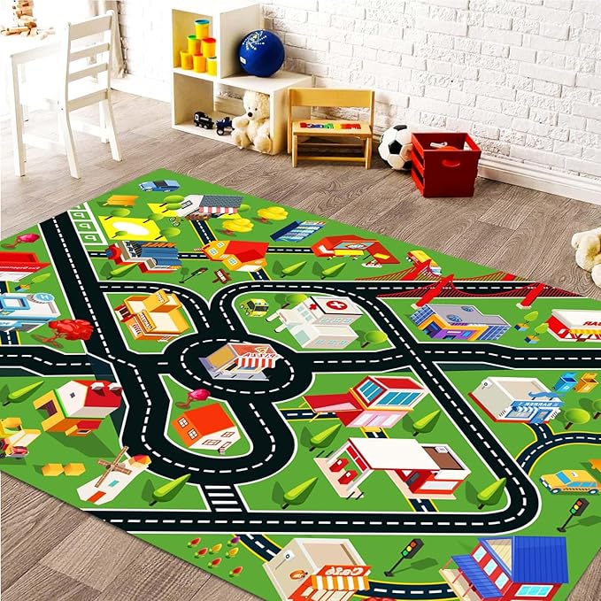 Kids Rug Car Rugs for Kids Toy Cars Play Mat with Rubber Backing City Life Road Rug for Cars Fun City Map for Carpet for Bedroom Boys (RED-Rug, 5.2x7.9ft)
