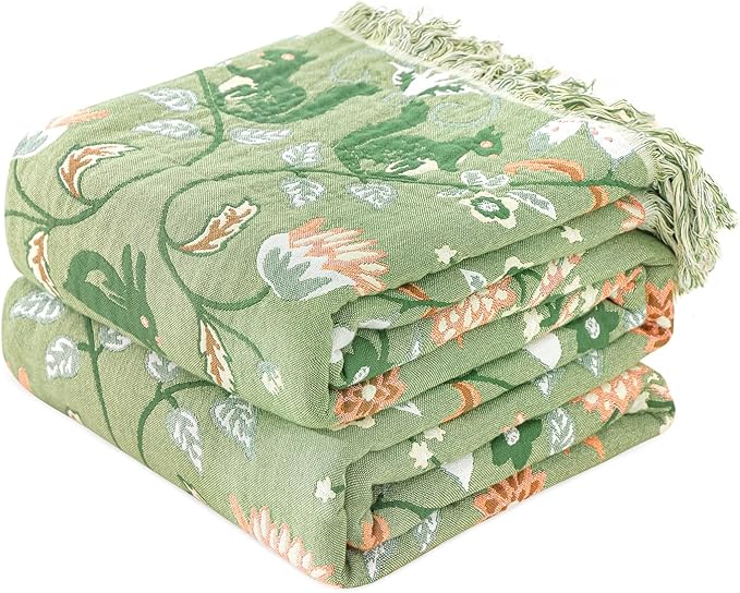 MSGKV Cotton Bed Blanket for Couch and Sofa Blankets for Living Room Bedroom Reversable Florals and Animals Throw 90"x98" Breathable Cozy Boho Blankets