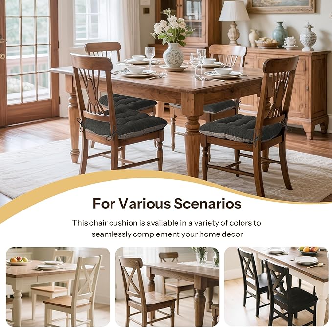Non Slip Chair Cushions for Dining Chairs Set of 4 Kitchen Chair Cushions 18"x18"x3" Turfted Chair Pads Comfortable and Soft Seat Cushion with Ties, Dark Grey