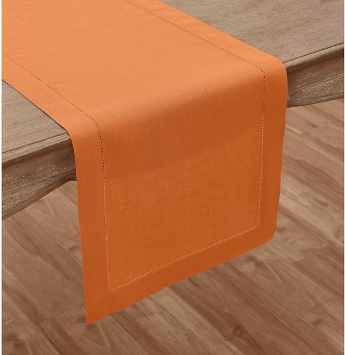 Solino Home Linen Pumpkin Table Runner 120 Inches Long - 100% Pure Linen Hemstitch 14 x 120 Inch Table Runner for Dining, Fall, Autumn, Halloween, Thanksgiving - Classic Hemstitch