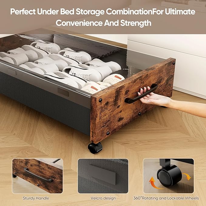 Wooden Under Bed Storage with Wheels, Rolling Under the Bed Storage Bins with Removable Lid, Metal Under Bed Drawers for Clothes and Shoes in Bedroom or Living Room(Vintage Brown-2pack)