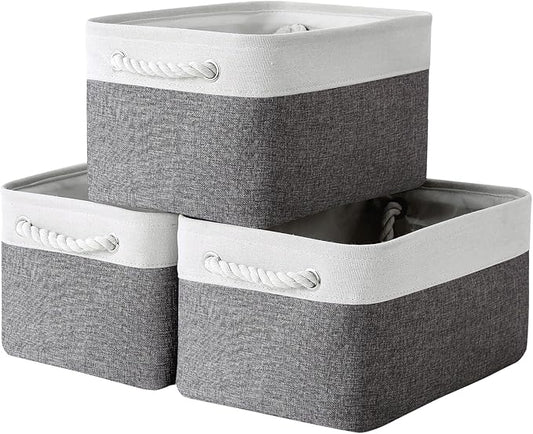 TcaFmac Collapsible Storage Bins for Organization - Large 3 Pack Canvas Storage Basket for Shelves, Organizer Baskets for Organizing for Closet Cloth Dog Toy Baby (White & Grey 16x12x8 inch)