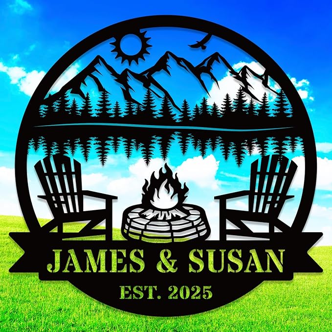 Personalized Camping Signs Custom Outdoor Campfire Metal Sign Custom Mountain Campfire Sign Family Name Sign Personalized Camping Gifts Fire Pit Cabin Campsite Sign(Campfire)