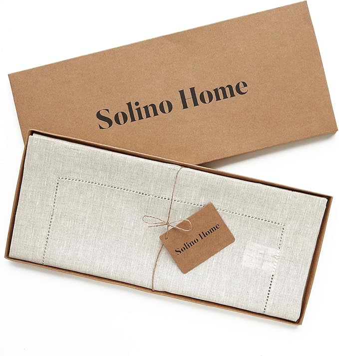 Solino Home Linen Light Natural Table Runner 132 Inches Long - 100% Pure Linen Extra Long Table Runner 14 x 132 Inch for Fall, Autumn, Thanksgiving - Classic Hemstitch