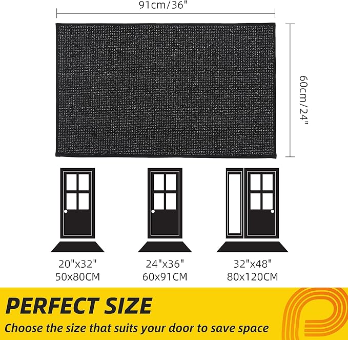 JSEI Dirt Trapper Door Mat 24"x36" Non-Slip Washable Entrance Mat, Dog Doormats, Absorbent & Fade-Resistant Floor Mats, Low Profile Welcome Mats for Entryway, Front Door, and Inside Entrance, Black