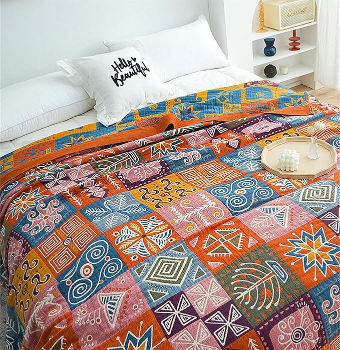 Boho Throw Blanket King Size Christmas Blanket 100% Cotton Blankets for Couch Bed, Cotton Quilts Muslin Bed Blanket 90''x 98'' Cozy Pre-Washed Decor Gift for All Seasons
