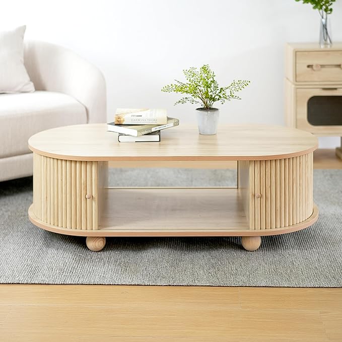 Oval Coffee Table with Storage for Living Room, Retro Charm Wooden Fluted Center Table, 47.24" Modern Classic Accordion Door Coffee Tables Dual Level Storage Side Table for Home,Office-Natural
