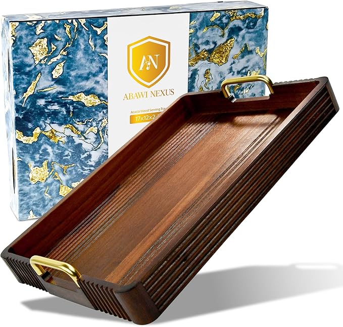 Acacia Wood Serving Tray with Metal Handles – 17x12in Rustic Decorative Ottoman & Coffee Table Tray for Breakfast in Bed, Dinner, Bar, Kitchen, Home Décor & Entertaining