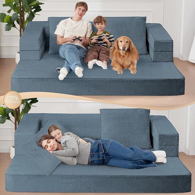 Folding Bean Bag Chair for Adults,3-in-1 Bean Bag Couch Faux Fur Floor Sofa Large Beanbag Convertible Bean Bag Sofa Bed with Pillow in Bedroom,Living Room,Apartment(Queen,Gray)