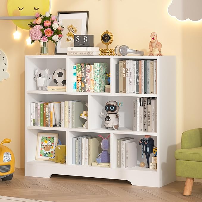 Book Shelf Set of 2, 8 Cubes Storage Organizer, 3-Tier Open Shelf Wooden Bookcase, Freestanding White Bookshelf Cube Shelf for Bedroom, Living Room, Home Office