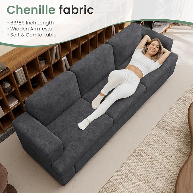 Sofa, 63” Comfy Loveseat Sofa with Deep Seats, Couch for Living Room, Modern Sleeper Couch, Dark Grey Chenille