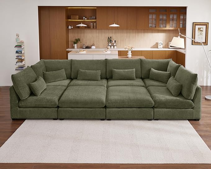 Oversized Modular Sofa, Extra Deep Cloud Corduroy Sectional Couch with Ottoman Chaise, Fluffy Chenille L-Shaped Sofas for Living Room, Villa (Sofa Bed 8 Seater, Chenille Green)