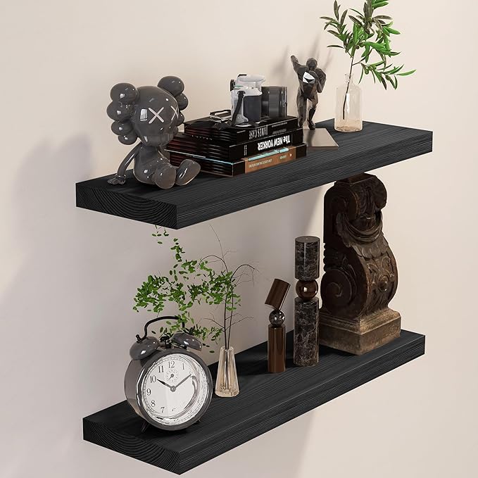 BGMG Wood Floating Shelves 24 inch, Wide Rustic Wooden Wall Shelves for Bathroom Living Room Bedroom Kitchen Farmhouse Set of 2-24x 6.7 x1.25 inch- Black