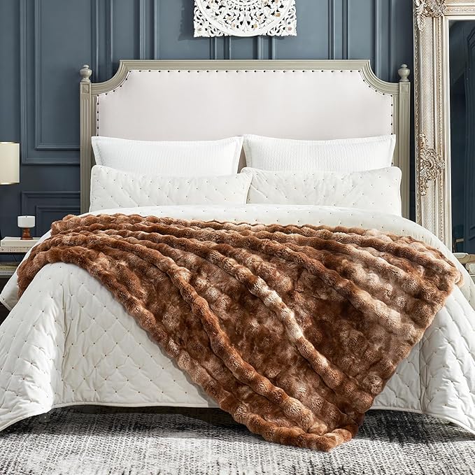 Cozy Bliss Faux Fur Throw Blanket for Couch, Fuzzy Soft Plush Thick Bubble Blanket for Sofa Bedroom Living Room, 60 * 80 Inches Tie Dye Brown