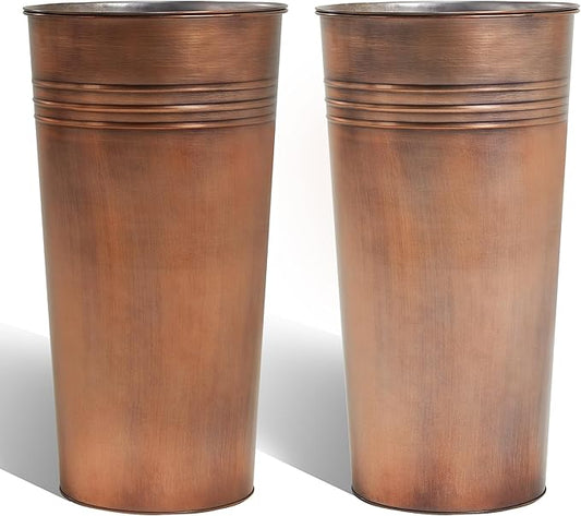 KOL 22''H 2-Pack Planter with Water Level Indicator - Galvanized Steel Pot - Self Watering Planters Flower Pot for Plant - Inner Pot Design - Round Metal Planter Box - Indoor Outdoor Planting - Bronze