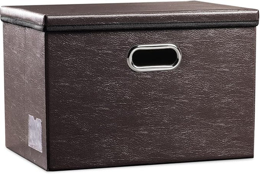 PRANDOM Large Collapsible Storage Bin with Lid [1-Pack] Leather Fabric Foldable Storage Box Organizer Containes Basket Cube with Cover for Home Bedroom Closet Office Nursery Brown (17.7x11.8x11.8)