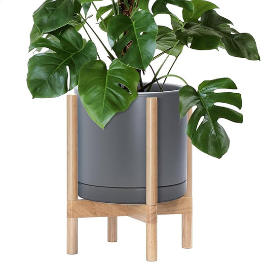 D'vine Dev Ceramic Planter with Natural Stand - 12 Inch Modern Round Flower Pot with Wood Planter Holder, Grey, 55-B-J-3