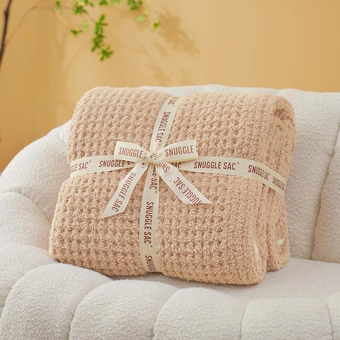 Snuggle Sac Beige Waffle Bedding Blankets Queen Size 90x90 inches, Reversible Microfiber Fluffy Fuzzy Soft Throw Cozy Knit Blanket for Women Mothers Birthday Gifts