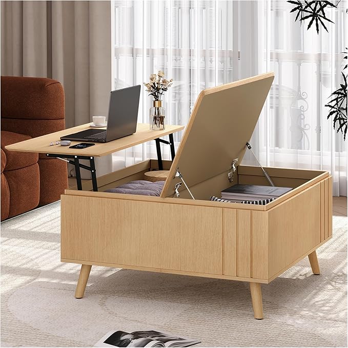 Lift Top Coffee Table with Storage,36" Large Square Coffee Tables for Living Room,Mid Century Modern Center Table for Home Office, Oak