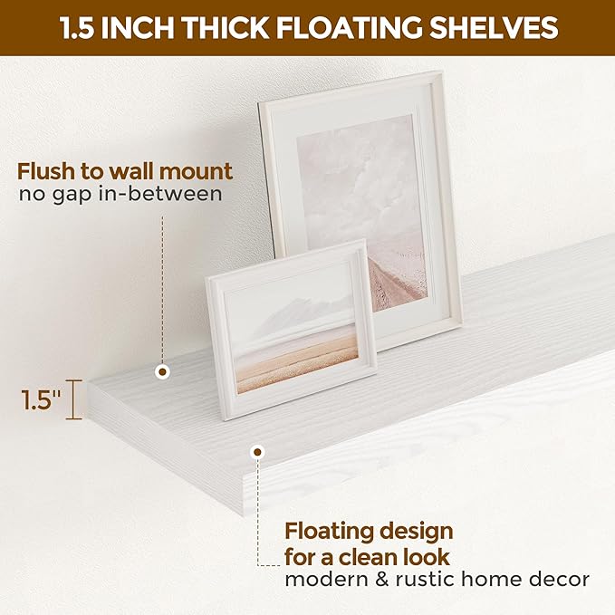 48 Inch Floating Shelves White, Rustic Wood Floating Shelf Wall Mounted, 9 Inch Deep Floating Shelf for Kitchen, Bedroom, 48 x 9 Wall Shelves for Home Storage, Set of 1