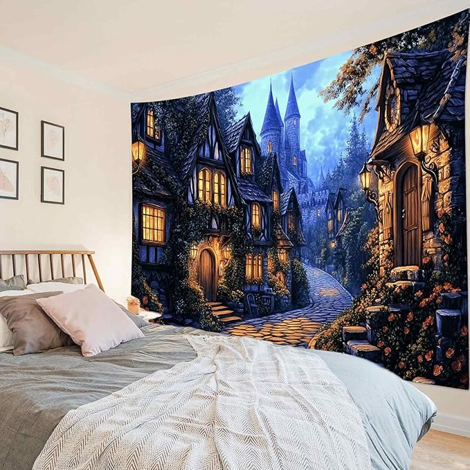 LB Vintage Castle Tapestry, Night Street Old House and Green Tree Wall Tapestry for Bedroom Aesthetic, Village Gothic Wall Art for Living Room Dorm Home Decor Ready to Hanging, 59 x 51 Inches