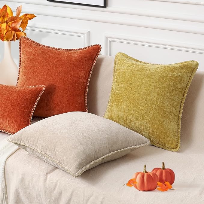 decorUhome Fall Chenille Soft Throw Pillow Covers 26x26 Set of 2, Farmhouse Velvet Neutral Decorative Euro Pillow Covers with Stitched Edge for Couch Sofa Bed Home Decor, Rust
