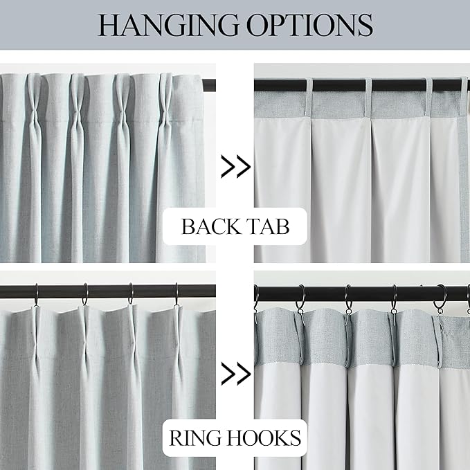 Vision Home Blue Fog Pinch Pleated Full Blackout Curtains Linen Blended Room Darkening Window Curtains 90 inch for Living Room Bedroom Thermal Insulated Pinch Pleat Drapes with Hooks 1 Panel 60"Wx90"L