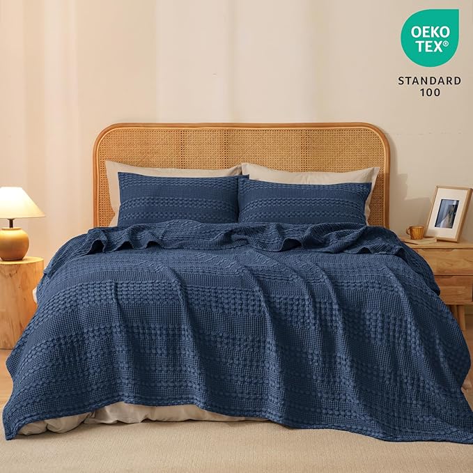 PHF 100% Cotton Waffle Weave Blanket King Size, Soft Lightweight Breathable Cozy Summer Blankets for Bed, Luxury Aesthetic Woven Bedding for Home Decor, 108"x90", Bright Navy Blue