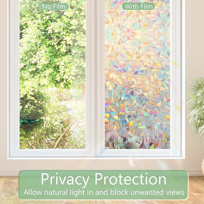HIDBEA Window Privacy Film Static Clings, Rainbow Window Film, 3D Decals Non-Adhesive Window Vinyl Film for Home Door, 17.3 Inch x 6.5 Feet