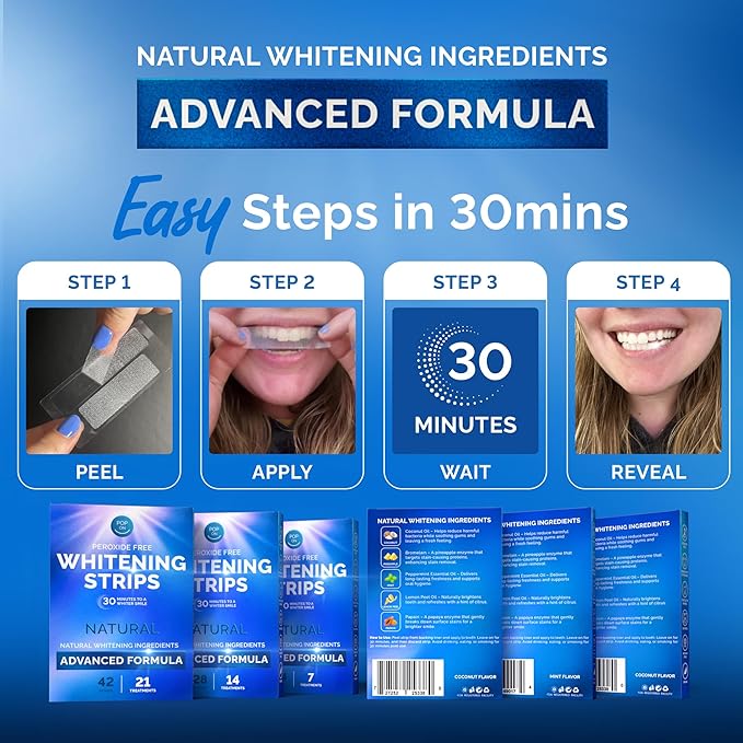 Whitening Strips for Sensitive Teeth 14 Treatments, Mint – Enamel Safe, Peroxide-Free Coconut Teeth Whitening Strips with Natural Enzymes – Gentle White Stips for Sensitive Gums & Daily Oral Care