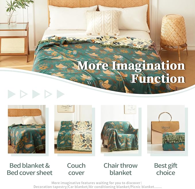 Luxury Throw Blanket Cotton Muslin Throw Blanket for Couch Breathable Floral Blanket Throw for Sofa Couch Chair Home Decoration (80"x90",01-Cute Bird)
