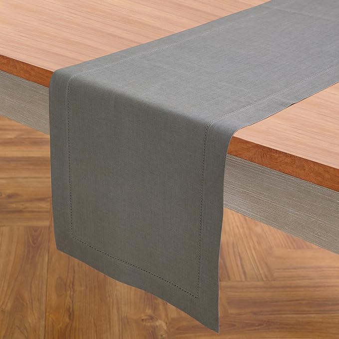 Solino Home Linen Steel Gray Hemstitch Table Runner 60 Inches - 100% Pure Linen Small Table Runner 14 x 60 Inch Ideal for Dresser and Coffee Tables - Classic Hemstitch - Fall, Autumn, Halloween