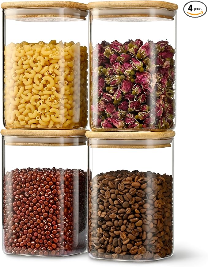 41oz Airtight Glass Square Storage Canister with Bamboo Lid Set of 4 (1200ml) Container Stackable Jar, Kitchen Canister for Pantry Noodles, Flour and Coffee beans (‎with Black Lable)
