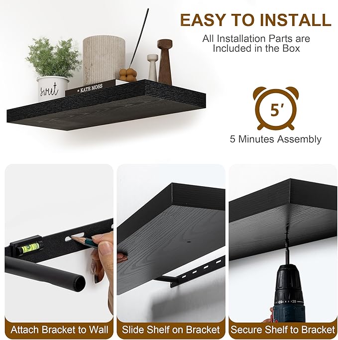 Fun Memories Black Floating Shelves 8 Inch Long, 8" Deep Wall Shelves, Small Deep Floating Shelf Square Wall Shelf, Rustic Display Shelves for Living Room, Bathroom, Kitchen, Set of 2
