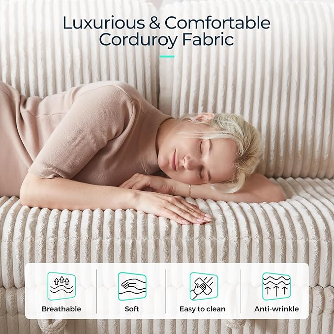 LINSY HOME Sectional Sleeper Sofa with Pull Out Couch Bed - Convertible Plush Corduroy Cloud Couch with Storage Chaise & USB Charging, Comfy Modular Couches for Living Room, Beige