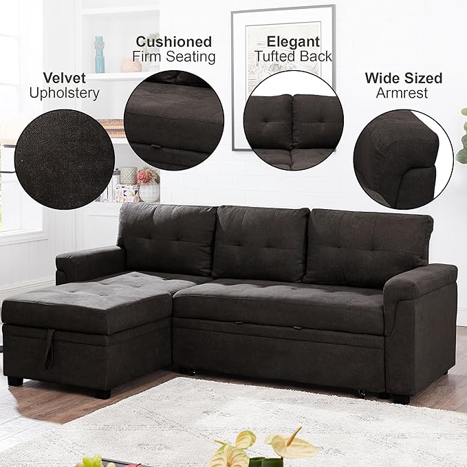 Naomi Home Transform Any Space: Sleeper Sectional Sofa with Convertible Sofa Bed & Inviting Chaise. Find Tranquil Comfort with Stress-Relieving Design & Durable Cushions - Espresso/Velvet