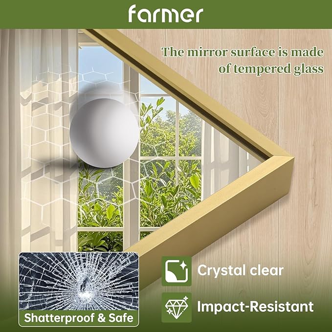 FARMER 30x36 Inch Gold Bathroom Mirror, Rectangle Wall Mounted Mirror, Vanity Mirror, Brushed Square Mirror, Framed Bathroom Mirror for Bedrooms, Entryways, Living Rooms, Horizontal/Vertical