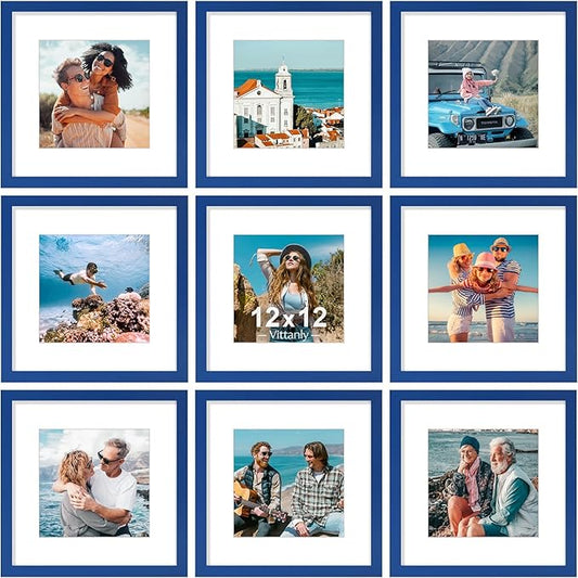 Vittanly 12x12 Picture Frame Set of 9 - Display 8x8 Photos with Mat or 12x12 Without Mat, Wall Mount Frames for Home Decor, Horizontal or Vertical (Blue)