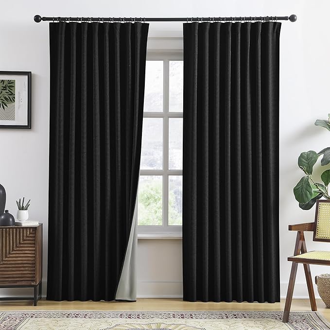 RAIN CITY Blackout Curtains 50 x 84 Inch Long Linen Blend Black Out Curtains 2 Panels Set Burg, Back Tab Rod Pocket Room Darkening Textured Curtain Window Drapes for Bedroom Living Room-Black